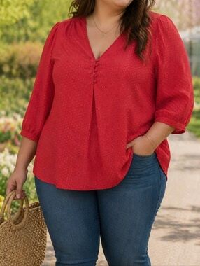 Carolina Belle Red Oversized Blouse | 3/4 Sleeve V-Neck Flowy Plus Size Top